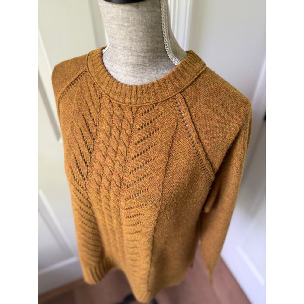 J. Crew 100% Wool Carmel/Mustard Cable Knit Sweater Medium - Picture 2 of 5